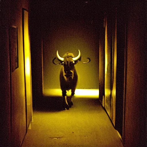 Image similar to hi - 8 night vision camera footage of a barely visible minotaur with red eyes in a dark hallway