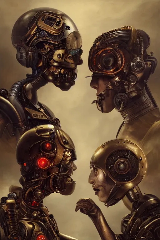 Prompt: a beautiful ultradetailed vintage photo of two angry cyborgs butting heads, by tom bagshaw and anna dittman, portrait, vignette, 3 5 mm lens, golden ratio composition, detailed faces, studio photography, very detailed, humanoids, industrial robots, artstation, 8 k, highly coherent