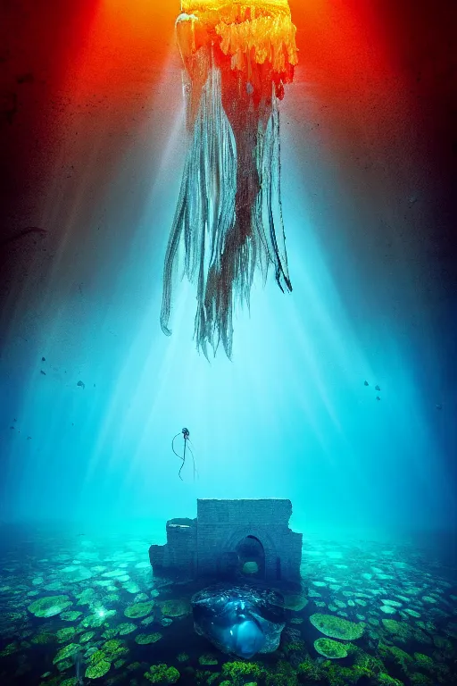 Prompt: high quality photo of cinematic underwater dystopian neo - gothic cathedral ruins with giant luminescent colorful aquatic plants and jellyfish, digital art masterpiece, aykut aydogdu eric zener, dramatic volumetric light, extreme long shot, ground angle uhd 8 k, sharp focus