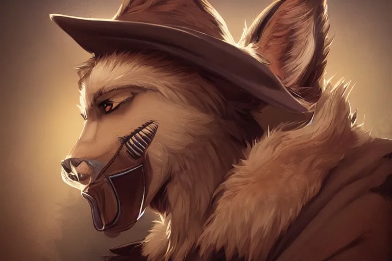 Image similar to character portrait icon of the anthro anthropomorphic of the male anthropomorphic wolf fursona wearing cowboy outfit wild west character design by charlie bowater, ross tran, artgerm, and makoto shinkai, detailed, soft lighting, rendered in octane