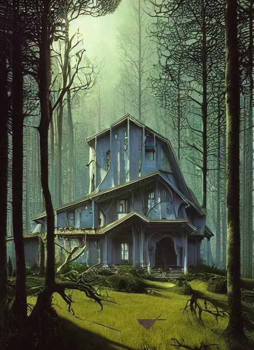 Image similar to hyper realistic witchy modern gothic house with mood lighting and tech in the woods gorgeous lighting, sunbeams blue sky, highly detailed, lush forest foliage painting by zdzisław beksinski and norman rockwell and greg rutkowski weta studio, and lucasfilm