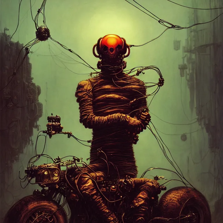 Image similar to doom motorbiker, covered with wires, by beksinski, psychedelic trippy visionary art, soft bloom lucid dream - like atmosphere, baroque painting, perfect composition, detailed octane render trending on artstation, 8 k artistic photography, volumetric cinematic perfect light, chiaroscuro, masterpiece, raphael, caravaggio, beksinski, rutkowski, beeple