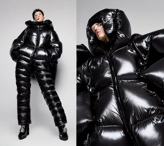 Image similar to well lit fashion shoot portrait of extremely beautiful female black marble statue wearing huge puffer jacket over size futuristic outerwear, puffer trouser, puffer jacket, puffer jacket by moncler genius, dingyun zhang, yeezy, balenciaga, vetements, sharp focus, clear, detailed, detailed, glamorous, symmetrical, vogue, editorial, fashion,