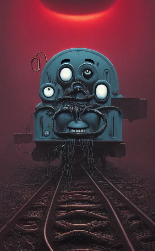 Image similar to thomas the tank engine in style of zdzisław beksinski, extremely dramatic lighting, 8 k, tendrils, black, darkness, black slime tendrils, infected, rust, body horror, thomas the train, thomas the tank engine face, horror,