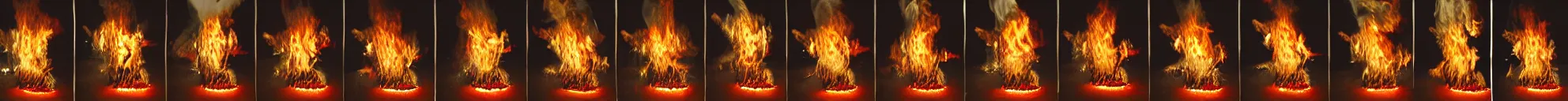 Image similar to 8 consistent progressing frames from a video of a couch on fire at night