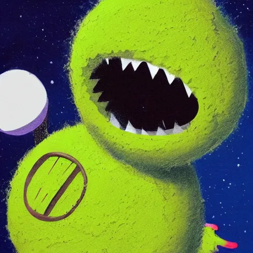 Image similar to a tennis ball monster, tennis ball, dark, chalky, astronaut, digital art, fantasy, magic, trending on artstation, ultra detailed, professional illustration by Basil Gogos