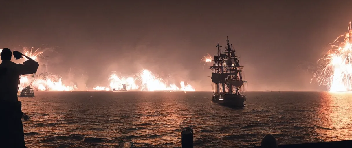 Image similar to a pirate standing on his ship, watching big explosions on the sea, beautiful atmosphere, haze