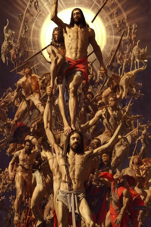 Image similar to realistic photo of the apocalypse, in the center of the image christ crucified and dismembered by demons, in the heavens horsemen of the apocalypse wreak havoc, deep focus, intricate, elegant, highly detailed, digital painting, art station, concept art, matte, sharp focus, illustration, art by artgerm and greg rutkowski and alphonse mucha