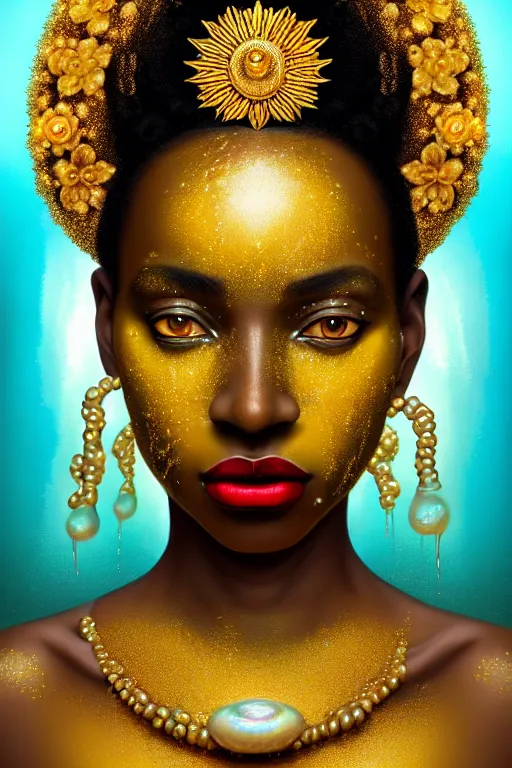 Prompt: hyperrealistic post - symbolist cinematic very beautiful! oshun goddess with white eyes, yoruba body paint, dripping droplet lips, gold flowers, highly detailed digital art masterpiece, smooth etienne sandorfi eric zener dramatic pearlescent soft teal light, ground angle uhd 8 k, sharp focus