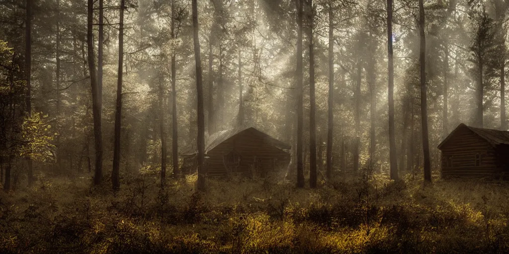 Image similar to cabin in the woods, lost place photo, sunrays, mystic, mist, volumetric lights, wilderness, dirt, dramatic, cinematic, 8K, award winning photo