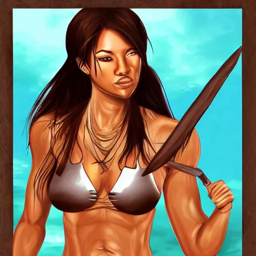 Prompt: female warrior in bikini armor brown skin, digital art, fit body, simple background