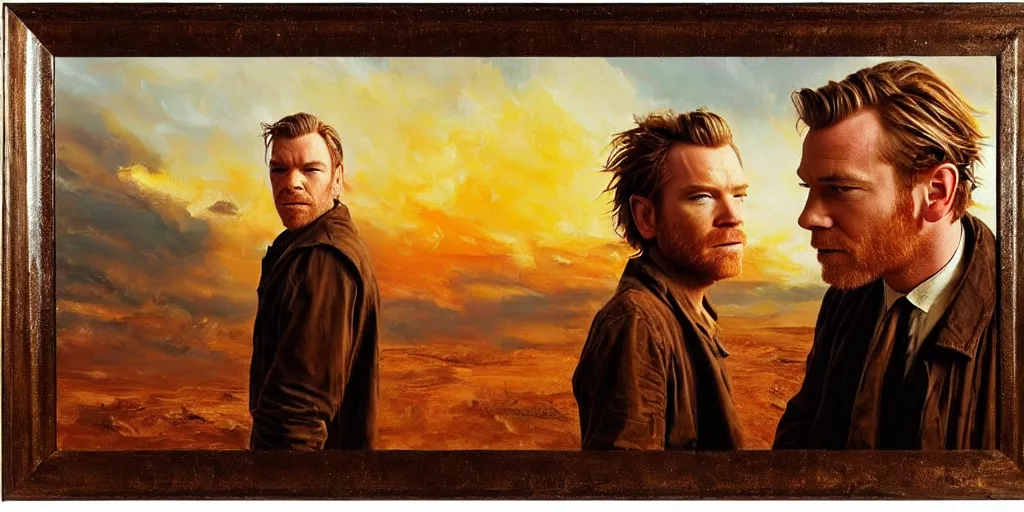 Image similar to we see ewan mcgregor from side. atmospheric feeling, warm colours, brown colours, yellow colours, epic scene, cinematic, very detailed, oil painting