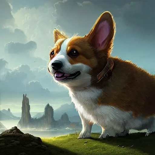 Prompt: colossal corgi, artwork by raphael lacoste, epic, cute