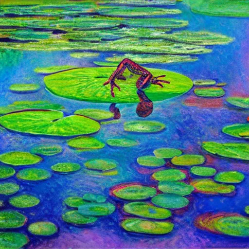 Image similar to alex jone infowars, lying on lily pad, frogs, style of claude monet, rainbow colors, painting