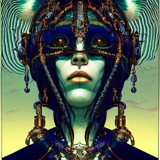 Image similar to portrait of crazy cleopatra, symmetrical, by yoichi hatakenaka, masamune shirow, josan gonzales and dan mumford, ayami kojima, takato yamamoto, barclay shaw, karol bak, yukito kishiro