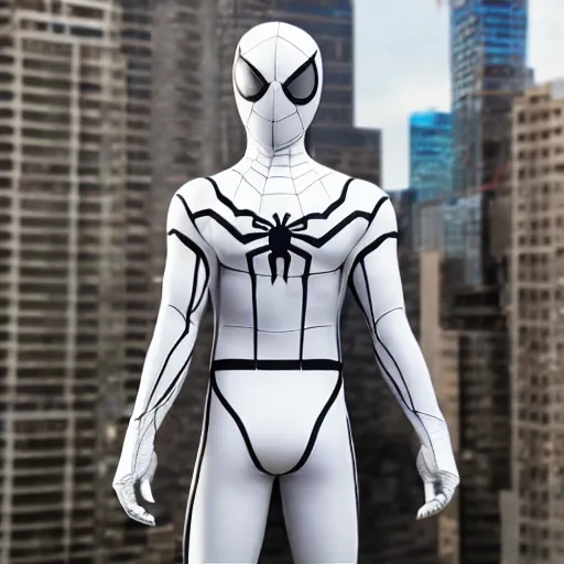 Image similar to white spider - man suit with black web lining, cinematic, volumetric lighting, realistic, hyperdetailed, photorealistic, photograph
