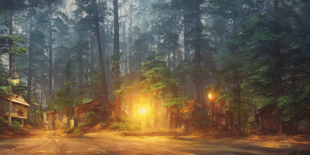 Prompt: The town of Honeywood, forest, cinematic angle, studio Ghibli, cinematic lighting, detailed oil painting, hyperrealistic, 8k