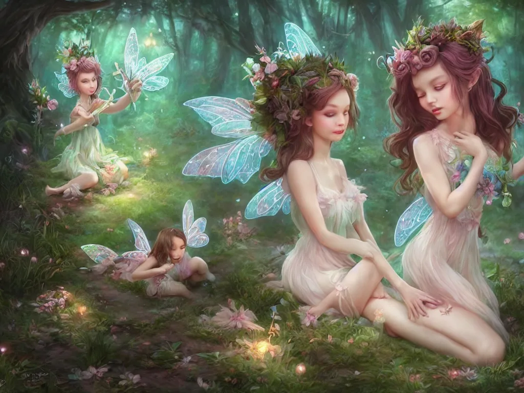 Image similar to two cute fairy in the dreamy forest, fantasy, dreamlike, 8 k resolution, hyper detailed, d & d, character design, digital painting, trending on artstation, sharp focus, illustration, art by artgerm, viktoria gavrilenko, hoang lap, fuji choko, steve zheng