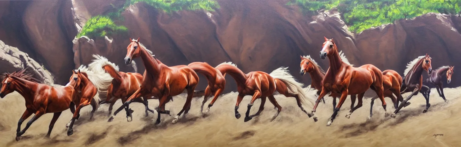 Prompt: lots of horses running through the canyon, hyper realistic, more details, they might be crawling, original oil on canvas painting by sydney mount