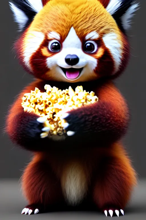 Image similar to high quality 3 d render hyperrealist very cute gothic happy red panda & koala hybrid eating popcorn, vray smooth, detective pikachu, very dramatic light, low angle, uhd 8 k, shallow depth or field