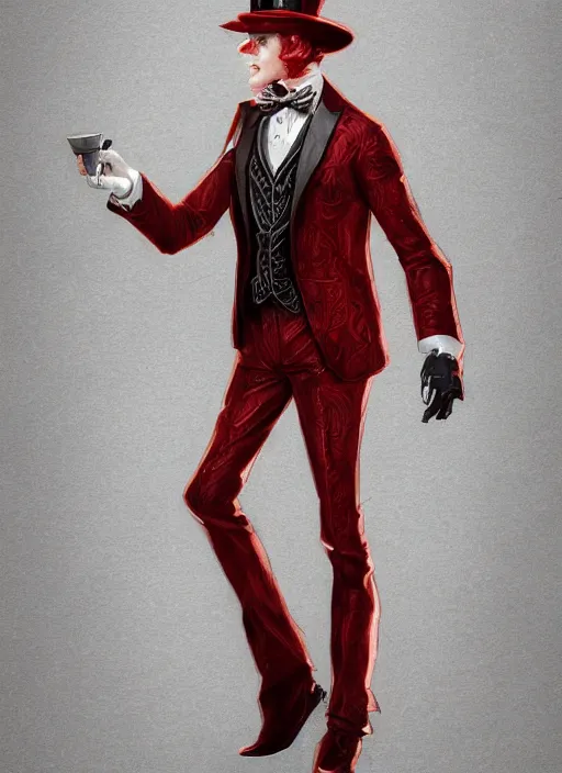 Image similar to a highly detailed illustration of stylish top hat wearing red haired attractive man, wearing suit vest, cool flashy posing, intricate, elegant, highly detailed, centered, digital painting, artstation, concept art, smooth, sharp focus, league of legends concept art, WLOP