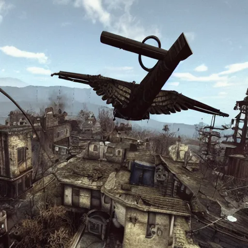 Prompt: a vertibird from Fallout flying over a steampunk village