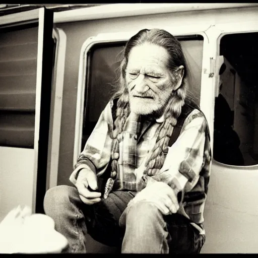 Image similar to willie nelson having a smoke in his trailer.