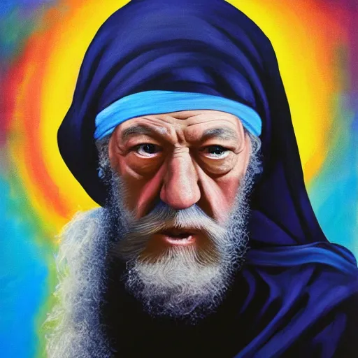 Image similar to abstract painting of ian mckellen as osama bin laden in a dark hood fighting an alien invasion in deep space by creatures from jupiter, arial shot, highly detailed, award painting, 8 k