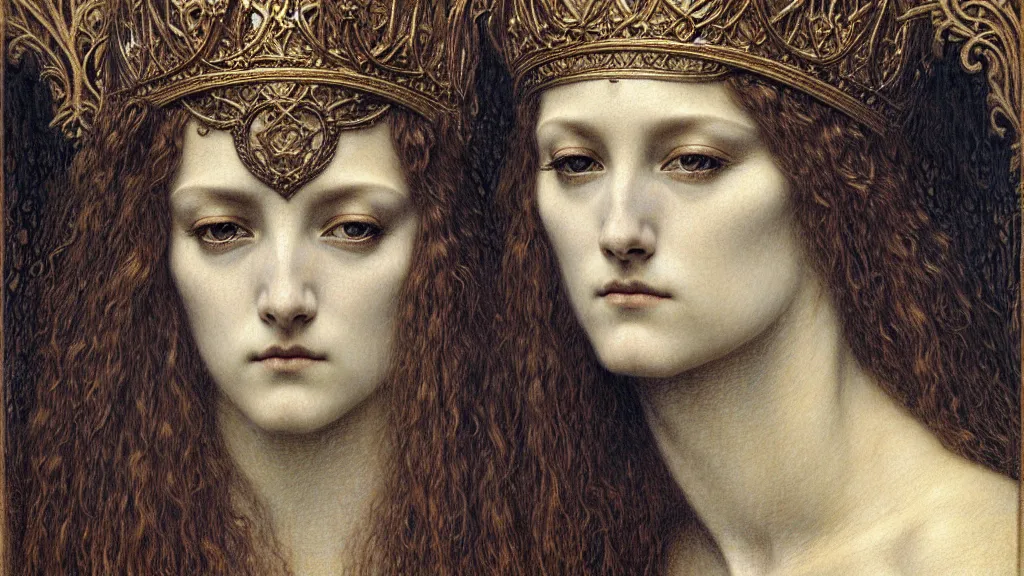 Image similar to detailed realistic beautiful young medieval queen face portrait by jean delville, gustave dore and marco mazzoni, art nouveau, symbolist, visionary, gothic, pre - raphaelite. horizontal symmetry