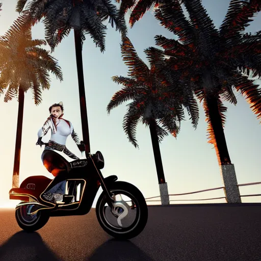 Image similar to a photorealistic image of a smiling white bichon frise puppy dog riding a black motorcycle in Hollywood at sundown. Palm trees in the background. Paws on handlebars. This 4K HD image is Trending on Artstation, featured on Behance, well-rendered, extra crisp, features intricate detail and the style of Unreal Engine.