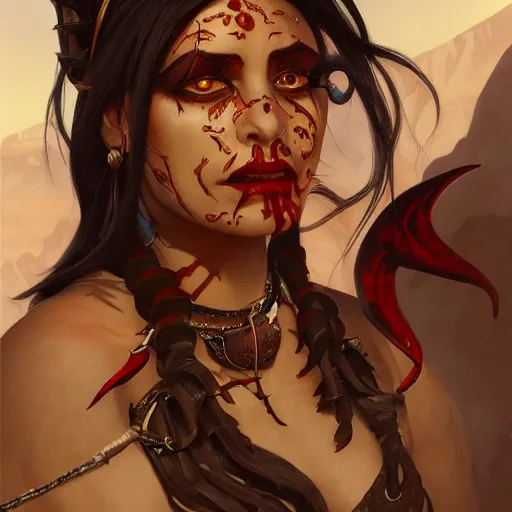 Image similar to portrait of a female berber tiefling with red skin, devil horns and black hair wearing a steel chestplate in a desert, fantasy, highly detailed, digital painting, artstation, concept art, character art, art greg rutkowski and alphonse mucha