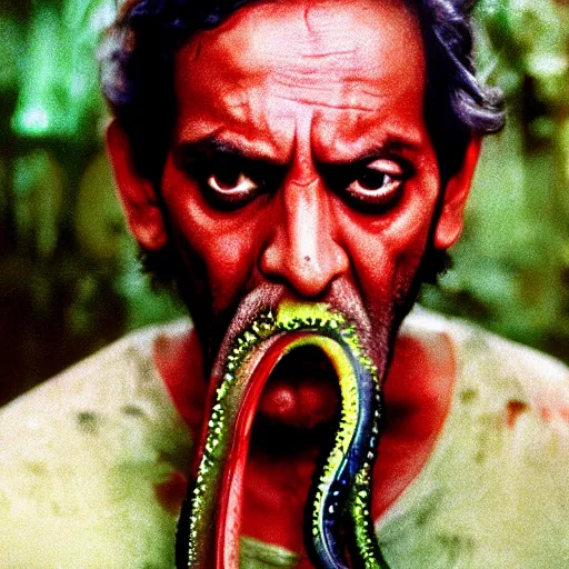 Image similar to expired fuji film coloured photograph portrait still of indian horror film character with tentacles from tv show from 1 9 9 5, hyperrealism, photorealism directed by steven spielberg and satyajit ray