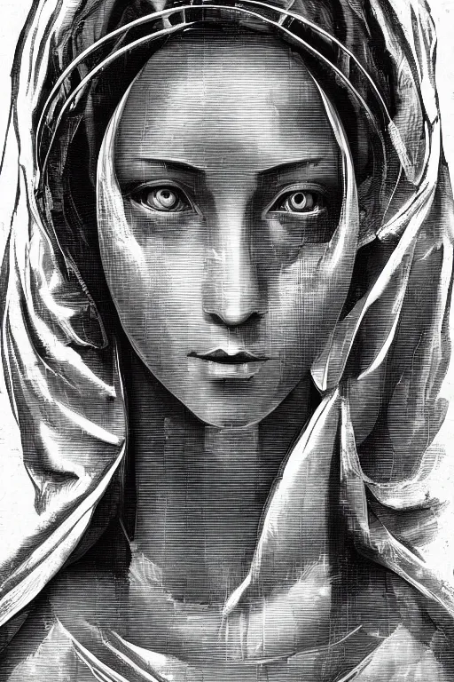 Prompt: virgin mary, cyberpunk, portrait, ultra detailed, Guido Reni style