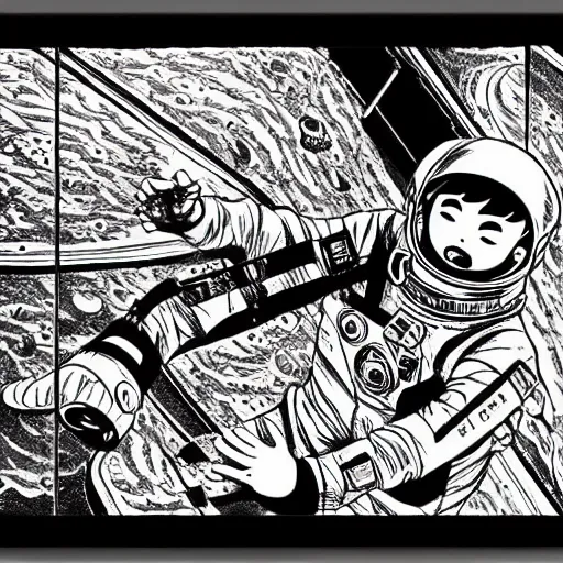 Image similar to an astronaut floating in space, manga panel, intricate, by tatsuki fujimoto, by junji ito