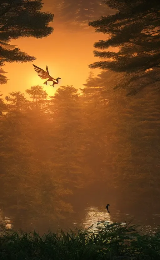 Prompt: rendered in unreal engine 5, a huge japanese crane bird is chilling above a lake in the middle of a forest of japanese pines, a big red sun in the background, front trading card, photorealistic, high details, trending on artstation, 8k, stunning, volumetric lights