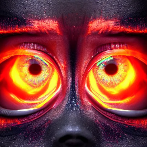 Image similar to Photorealistic fire in her eyes. Hyperdetailed photorealism, 108 megapixels, amazing depth, glowing rich colors, powerful imagery, psychedelic Overtones, 3D finalrender, 3d shading, cinematic lighting, artstation concept art