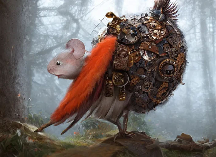 Prompt: ashigaru steampunk - inspired feathered mouse, colorful plumage, lacquered armor, polearm glaive, cute but determined, hard focus, art station, by jessica rossier and brian froud, cinematic, orange grey white, in a woodland glade