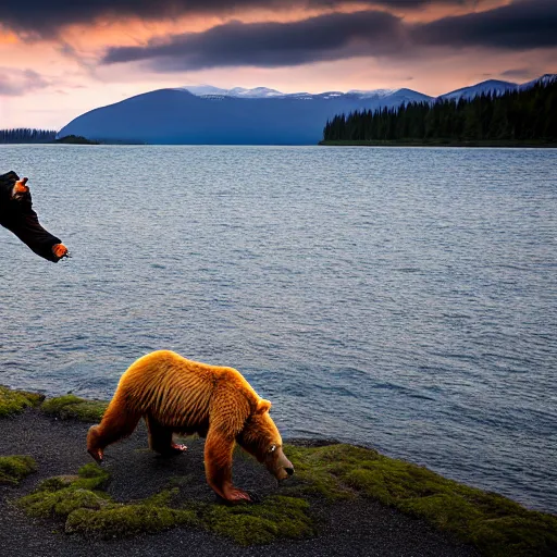 Image similar to kodiak bears kung - fu fighting on a lakefront using salmon as weapons, dusk, 8 k, hdr, cinematic, rule of thirds,