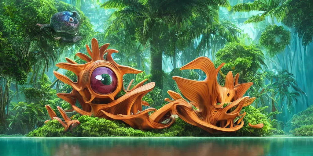 Image similar to of a tropical rainforest lake with strange cute friendly happy creatures with huge eyes, mouth, long tongue, round teeth and goofy face, appearing from the water, in the style of gehry and gaudi, macro lens, shallow depth of field, ultra detailed, digital painting, trending artstation, concept art, illustration, cinematic lighting, photorealism, epic, octane render