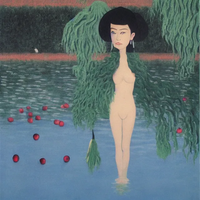 Image similar to painting of flood waters, zen, a tall catgirl art student, a river flooding inside, art supplies, pigs, ikebana, water, river, rapids, waterfall, black swans, canoe, pomegranate, berries dripping, acrylic on canvas, surrealist, by magritte and monet