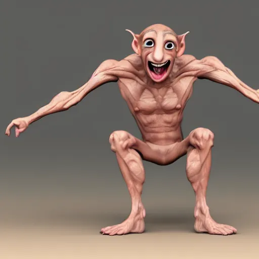 Image similar to 3d rendering of Dobby the House Elf as a screaming body builder, hd 4k