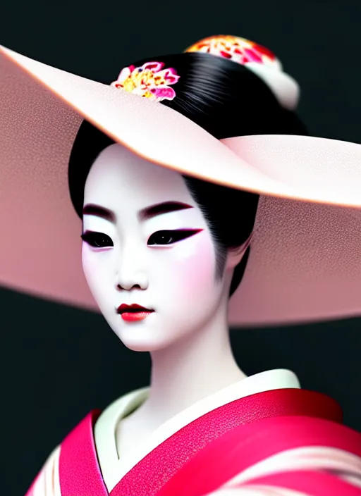 Image similar to Geisha extreme closeup photo portrait, beautiful makeup, pearlescent skin, elegant pose, highly detailed kimono, photorealism, artstation, different point of view, sharp focus, photorealistic, soft diffuse lights, canon 5D 50 mm lens, zen natural background, def of field