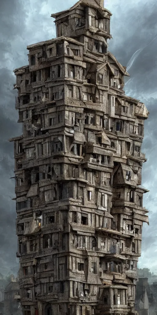 Prompt: an infinite amount of medieval houses stacked on each other, creating a very thin monolith, concept art, very very very very tall, trending on deviantart, movie still, award wining photograph