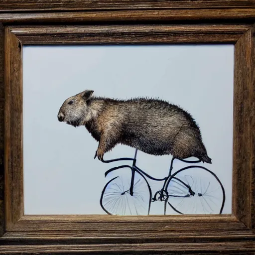 Image similar to a wombat riding a bicycle in the german mountains on a dirt path, watercolour