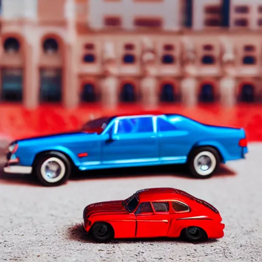 Prompt: 3 5 mm photo of metallic blue and red superman car like hot wheels model with a new york as background