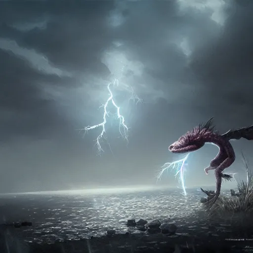 Prompt: highly detailed monster Axolotl hit by lightning from the sky in a small puddle, thunder, dramatic, dark, fantasy, digital art, hyperrealistic, cinematic lighting, Greg Rutkowski, Trending on Artstation, highly detailed