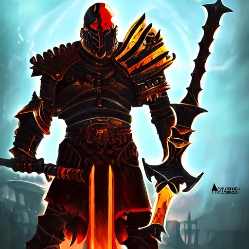 Image similar to Ares the god of war with heavy armor and sword, heavy knight helmet, dark sword in Ares's hand, war theme, bloodbath battlefield background, fiery battle coloring, hearthstone art style, epic fantasy style art, fantasy epic digital art, epic fantasy card game art