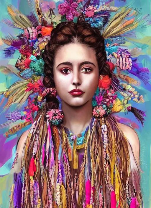 Image similar to beautiful fashion portrait of a mediterranean female wearing fantastic Hand-dyed cotton dress, embellished beaded feather decorative fringe knots ,colorful pigtail,subtropical flowers and plants,symmetrical face,intricate,elegant, highly detailed, 8k,post-processing,digital painting, trending on pinterest, arper's bazaar,concept art, sharp focus, illustration, by artgerm,Tom Bagshaw,Daniel Gerhartz,Albert Aublet,Lawrence Alma-Tadema