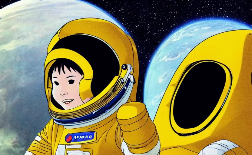 Image similar to yoko tsuno a female astronaut in jaxa yellow spacesuit floating in a scenic space environment next to spaceship, moebius