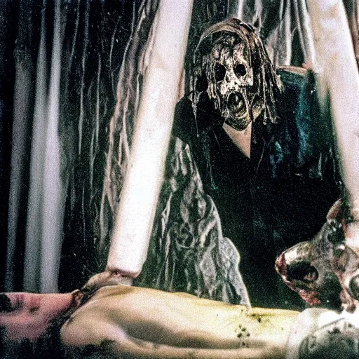 Image similar to filmic extreme wide shot dutch angle movie still 35mm film color photograph of a doctor getting his head sliced clean in half, dripping blood, in the style of an intense nightmarish realistic very disturbing extreme horror film